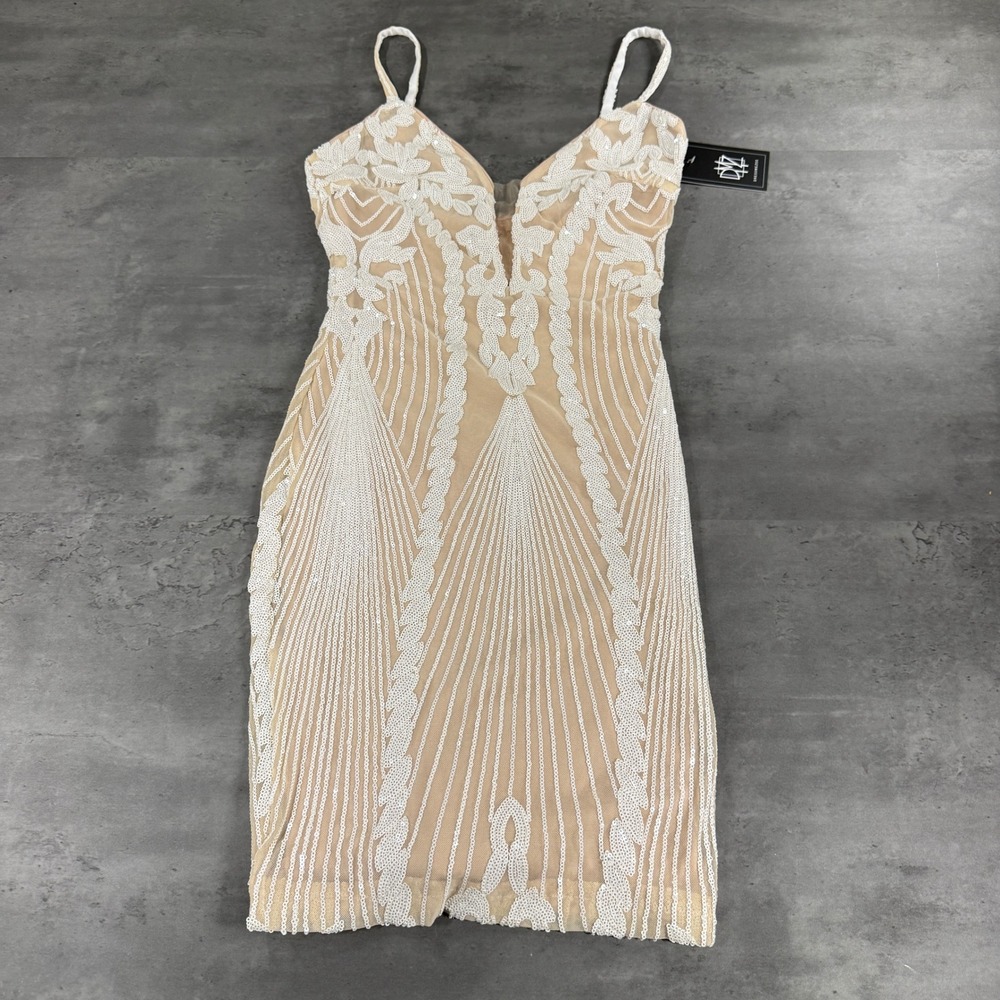 Dressmezee Dress Womens S Bodycon White Nude Sequin Embroidered Mini Embellished